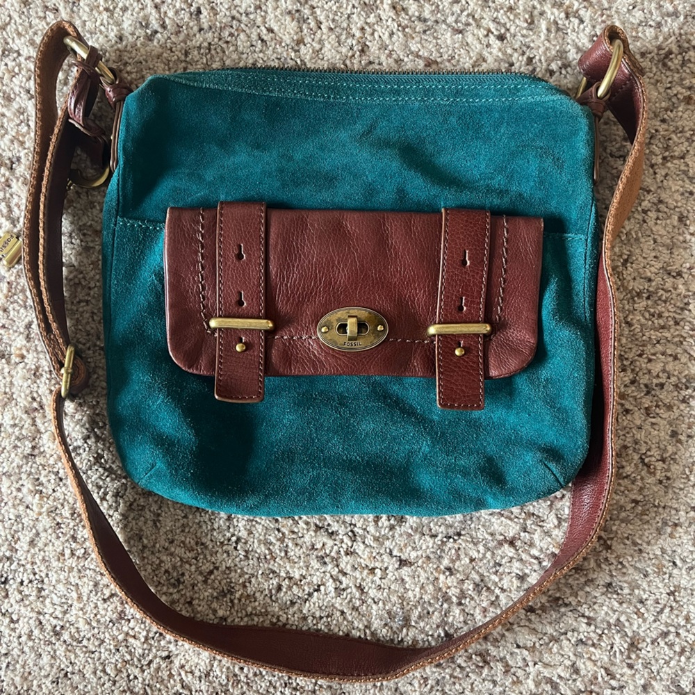 Fossil Teal Suede and Brown Leather Crossbody Bag